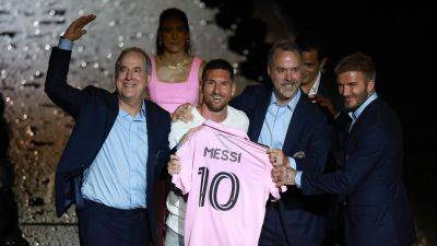 Lionel Messi addresses fans with co-owner David Beckham after Inter Miami unveiling in Major League Soccer
