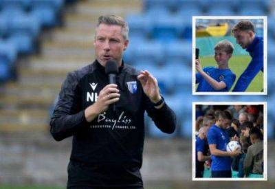 Gillingham manager Neil Harris and his coaching staff conduct an open training session at Priestfield Stadium on Monday ahead of their League 2 season