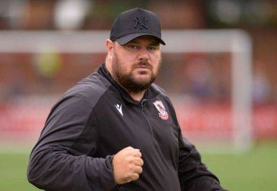 Ramsgate boss Ben Smith reacts to their 3-0 home Isthmian South East victory against Herne Bay at Southwood; A seventh straight win for the Rams