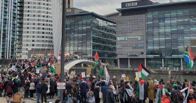 Huge crowds outside BBC at Media City to protest war in Gaza