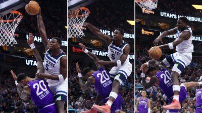T'Wolves' Anthony Edwards throws down ridiculous slam dunk over Jazz player