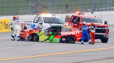 NASCAR driver Justin Allgaier takes hard hit into wall during Xfinity Series' Talladega race