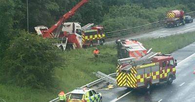 M65 horror crash leaves four firefighters in hospital after fire engine overturns