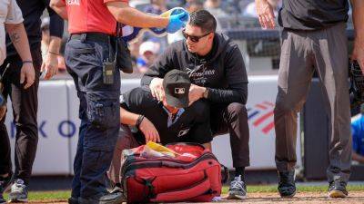 Giancarlo Stanton - Umpire Nick Mahrley exits game after broken bat hits neck - ESPN - espn.com - New York - state Colorado