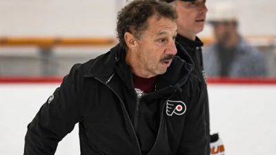 Father of Johnny and Matthew Gaudreau helps on the ice at Flyers practice