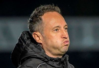 Dover Athletic manager Jake Leberl reacts to 5-2 National League South defeat to Eastbourne Borough in the free-entry fixture that attracts attendance of 4,227 at Crabble