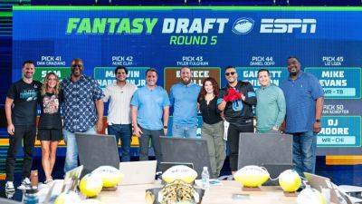 Josh Allen - Adam Schefter - Eric Moody - Derrick Henry - Tyler Fulghum - Dan Graziano - Christian Maccaffrey - Justin Jefferson - Mike Clay - Josh Jacobs - Drake London - Williams - Liz Loza - Nico Collins - Ra St Brown - Fantasy Football Marathon mock draft 2025 - 'Big 4' quarterbacks all go in Round 3 - ESPN - espn.com - state Indiana - county Taylor