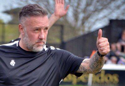 Folkestone Invicta manager Jay Saunders reacts to 2-1 Isthmian Premier win at Chatham Town