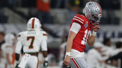 Carson Beck - Joel Klatt - Dante Moore - College football fans sound off on ESPN score bug during Ohio State-Miami playoff game - foxnews.com - county Miami - state Oregon - state Texas - county Arlington - state Alabama - state Michigan - state Ohio - county Moore