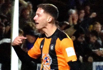 Folkestone Invicta assistant manager Lloyd Blackman reacts to their 4-0 Isthmian Premier home victory against Wingate & Finchley