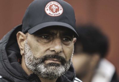 Punjab United manager Chipie Sian reacts to 1-1 draw at Cockfosters in the FA Vase semi-final first leg