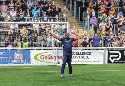 Maidstone United manager George Elokobi discusses an emotional day at the Gallagher Stadium after 2-1 victory over Worthing in his final home match in charge
