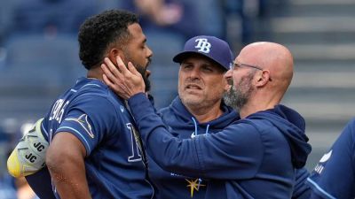 Kevin Cash - Sue Ogrocki - Rays star Junior Caminero takes foul tip to the face in bruising scene - foxnews.com - county Cleveland - county Ray - county Williamson - county Bay