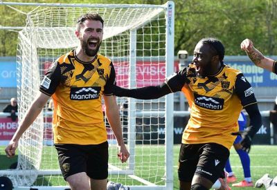 Maidstone United manager George Elokobi’s reaction to extraordinary 5-4 National League South victory over Hornchurch at the Gallagher Stadium