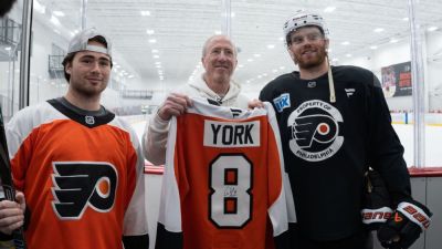 Philadelphia Flyers - Philadelphia Flyers fan returns Cam York's stick from game-winning goal - ESPN - espn.com - county Bucks
