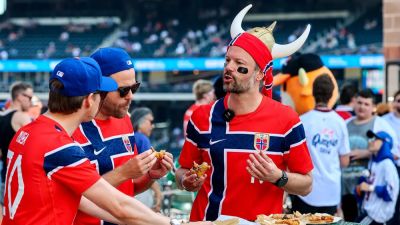 Norwegian World Cup fans turn Citi Field bleachers into a Viking longship during Mets game