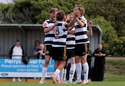 Deal Town midfielder Macca Murray scores from own half in 3-0 FA Trophy second qualifying round win over Sheppey United; Faversham Town, Ashford United and Erith Town progress, as well