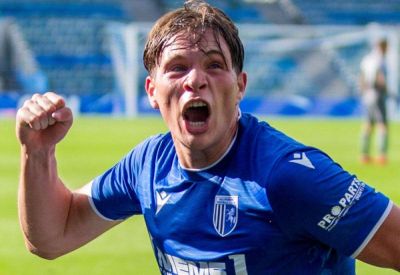 Gillingham defender Logan Dobbs’ reaction after scoring his first league goal in the 2-0 win against Tranmere Rovers